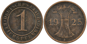 Германия 1 рейхспфенниг 1925 E KM 37, J. 313 бронза 4124-1119