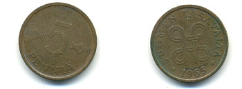 ФИНЛЯНДИЯ 5 ПЕННИ 1965 KM 45 медь 80-843