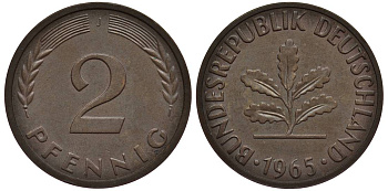 ФРГ 2 ПФЕННИГА 1965 J KM 106, Jager 381 бронза 4546-934