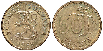 Финляндия 50 пенни 1968 S KM 48 алюминиевая бронза 51-1034