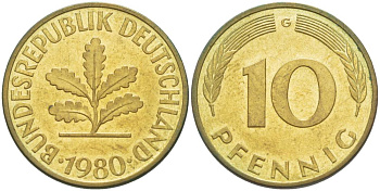 ФРГ 10 ПФЕННИГОВ 1980 G KM 108, J. 383 сталь плакированная латунью 219-534
