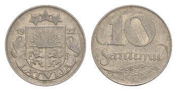 Латвия 10 сантимов 1922 год-тип KM 4 никель 4658-1236