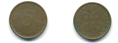 ФИНЛЯНДИЯ 5 ПЕННИ 1965 KM 45 медь 80-843