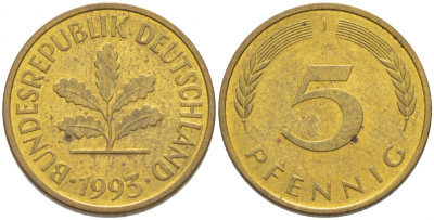 ФРГ 5 ПФЕННИГОВ 1993 J KM 107, J. 382 сталь плакированная латунью 4396-1657