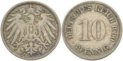 ГЕРМАНИЯ 10 ПФЕННИГОВ 1900 F KM 12, J. 13 медно-никель 4401-1152