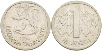 ФИНЛЯНДИЯ 1 МАРКА 1974 S KM 49а медно-никель 3718-1242