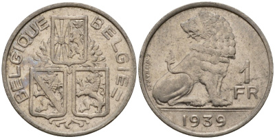 Бельгия 1 франк 1939 Belgique - Belgie KM 119 никель 4603-1234