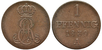 Ганновер 1 пфенниг 1839 A, Эрнст Август (1837-1851) KM 173.1, AKS 126, J. 54 медь 75-958
