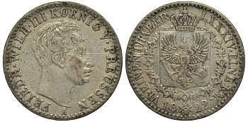 Пруссия 1/6 талера 1822 A, Фридрих Вильгельм III (1797-1840) KM 411 серебро 00-00