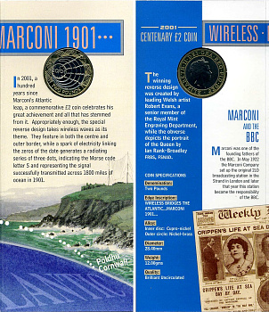 Великобритания 2 фунта 2001 Елизавета II (1952-2022), столетие трансатлантическому радио, в оригинальном картонном буклете KM 1014, Spink 4572 (K11) биметалл BUNC 00-00