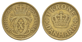 Дания 1 крона 1925 HCN, Кристиан X (1912-1947) KM 824 алюминиевая бронза 4657-335