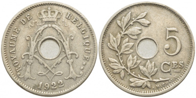 БЕЛЬГИЯ 5 САНТИМОВ 1922 BELGIQUE KM 66 медно-никель 112-236