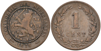 Нидерланды 1 цент 1878 Виллем III (1849-1890) KM 107 бронза 4576-539