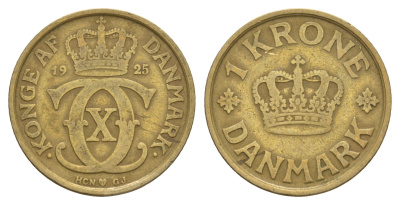 Дания 1 крона 1925 HCN, Кристиан X (1912-1947) KM 824 алюминиевая бронза 4657-335