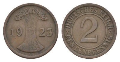Германия 2 рентенпфеннига 1923 G KM 31, J.307, Weege 3 медь 4639-1232