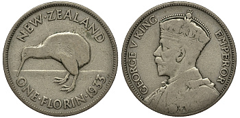 Новая Зеландия 1 флорин 1933 Георг V (1910-1936), птичка киви KM 4 серебро 272-1123