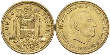 ИСПАНИЯ 1 ПЕСЕТА 1966 (69) ФРАНСИСКО ФРАНКО ДИКТАТОР ИСПАНИИ ( 1939- 1975) KM 796 алюминиевая бронза 216-616