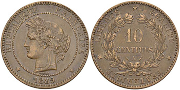ФРАНЦИЯ 10 САНТИМОВ 1889 А, ТРЕТЬЯ РЕСПУБЛИКА (1871-1940) KM 815.1, LE FRANC 135.34 бронза 109-1244