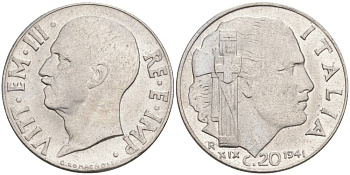 ИТАЛИЯ 20 ЧЕНТЕЗИМО 1941 R, ГОД XIX, ВИКТОР ЭММАНУИЛ III (1900-1946) KM 75b, VEM3. 1028 нержавеющая сталь 3853-732