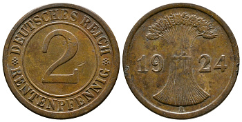 ГЕРМАНИЯ 2 РЕНТЕНПФЕННИГА 1924 A KM 31, J.307 бронза 86-1212
