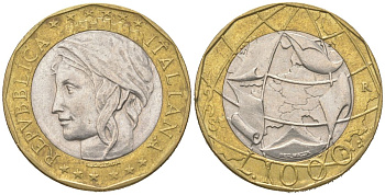 Италия 1000 лир 1998 R, карта европы KM 194 биметалл 4364-3527