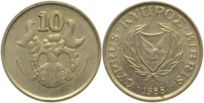 КИПР 10 ЦЕНТОВ 1988 ВАЗА С ПТИЧКАМИ KM 56.2 никель латунь 181-516