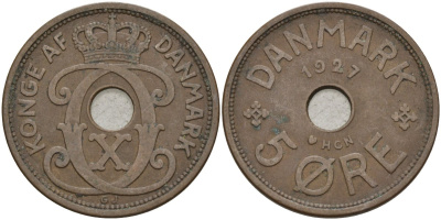 Дания 5 эре 1927 Кристиан X (1912-1947) KM 828 бронза 4148-212