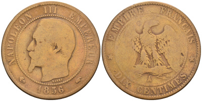 Франция 10 сантимов 1856 A, Наполеон III (1852-1870) KM 771.1, Le Franc 133.32 бронза 221-445