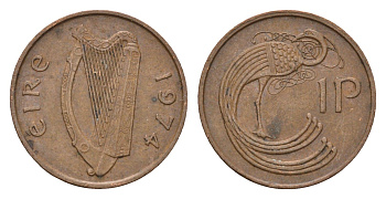 Ирландия 1 пенни 1974 мифологическая птица лира KM 20 бронза 4690-354