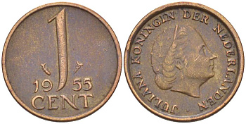 Нидерланды 1 цент 1955 Юлиана (1948-1980) КМ 180 бронза 3955-116