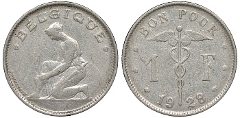 Бельгия 1 франк 1928 Belgique KM 89 никель 51-2024