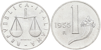 Италия 1 лира 1955 R, весы KM 91 алюминий  UNC  4594-151
