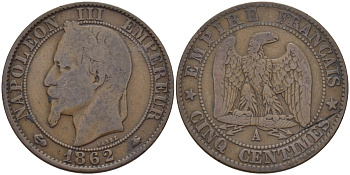ФРАНЦИЯ 5 САНТИМОВ 1862 А, НАПОЛЕОН III (1852-1870) KM 797.1, LE FRANC 117.5 бронза 28-645