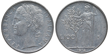 Италия 100 лир 1974 R, Афина в доспехах KM 96.1 нержавеющая сталь 4123-1233