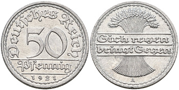 Германия 50 пфеннигов 1921 A KM 27, J.301, Weege 10 алюминий UNC 4584-757