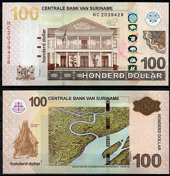 Суринам 100 долларов 2020 здание Центрального банка, река Марони Pick 165 e  бумага  UNC (пресс) 451-430-1
