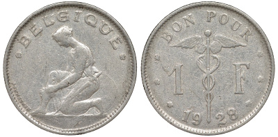 Бельгия 1 франк 1928 Belgique KM 89 никель 51-2024