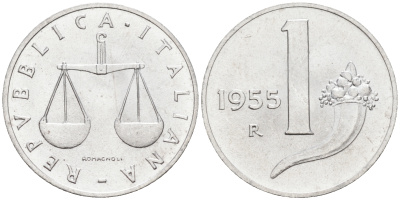 Италия 1 лира 1955 R, весы KM 91 алюминий  UNC  4594-151