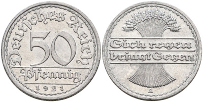 Германия 50 пфеннигов 1921 A KM 27, J.301, Weege 10 алюминий UNC 4584-757