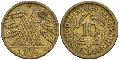 Германия 10 рентенпфеннигов 1923 A J. 309, KM 33 алюминиевая бронза    4603-746