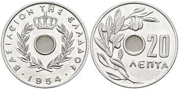 Греция 20 лепта 1954 Павел I (1947-1964), оливковая ветвь KM 79 алюминий UNC 4571-1032