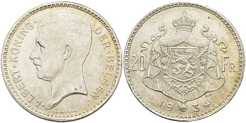 Бельгия 20 франков 1934 Альберт I (1909-1934), Der Belgen KM 104.1 серебро 4587-1111