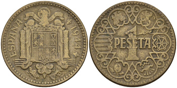 Испания 1 песета 1944 национальное правительство (1939 - 1947) KM 767 алюминиевая бронза 4155-316