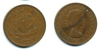 Великобритания 1/2 пенни 1965 Елизавета II (1952-2022) KM 896, Spink 4158 бронза 56-1135