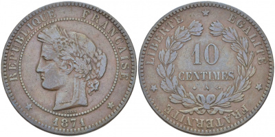 ФРАНЦИЯ 10 САНТИМОВ 1871 A, ТРЕТЬЯ РЕСПУБЛИКА (1871-1940) KM 815.1, LA FRANC 135.5 бронза 3457-533