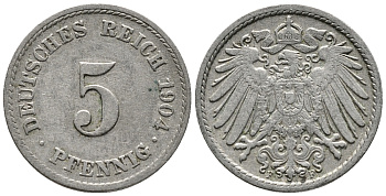 ГЕРМАНИЯ 5 ПФЕННИГОВ 1904 F KM 11, J. 12 медно-никель 39-769