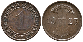 ГЕРМАНИЯ 1 РЕНТЕНПФЕННИГ 1923 А KM 30, J. 306 бронза 39-826
