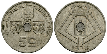 Бельгия 5 сантимов 1938 Belgique - Belgie KM 110 никель латунь 4173-622