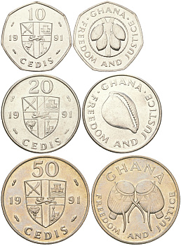Гана набор из 3 монет (10, 20 и 50 седи) 1991 барабаны KM 29, 30 и 31 медно-никель, сталь плакированная никелем UNC 4612-856-857
