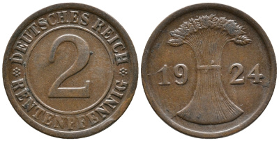 ГЕРМАНИЯ 2 РЕНТЕНПФЕННИГА 1924 E KM 31, J. 307 бронза 24-612